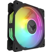 Black ASUS TUF Gaming TR120 ARGB reverse fan with multicolor LED lighting and TUF logo in center.
