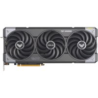 ASUS TUF Gaming Radeon RX 9070 XT graphics card with triple fans, black casing, and 16 GB GDDR6 memory.