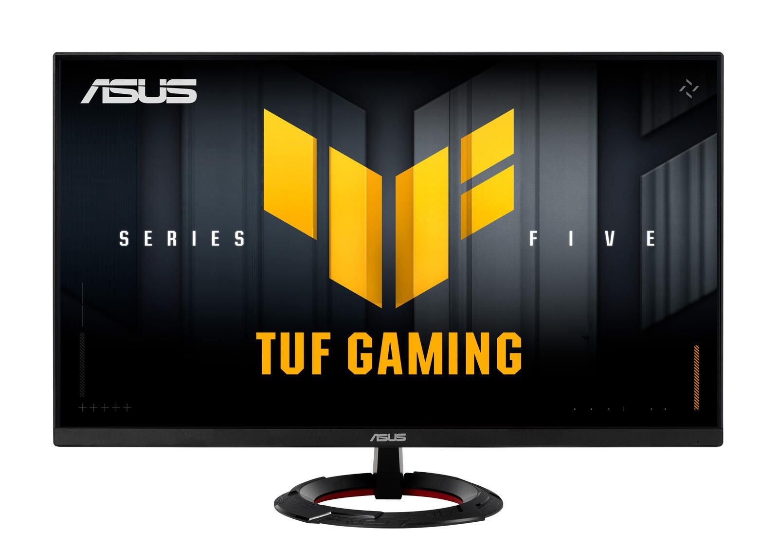 ASUS TUF Gaming VG249Q5R monitor features a sleek black design with a 23.8" Full HD display, vibrant yellow logo, and a sturdy red-accented stand for enhanced gaming experience.