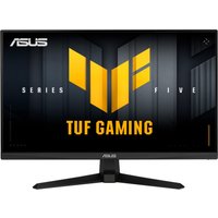 Black ASUS TUF Gaming monitor, 24.5" Full HD LCD, slim bezels, sturdy stand, yellow logo on screen.
