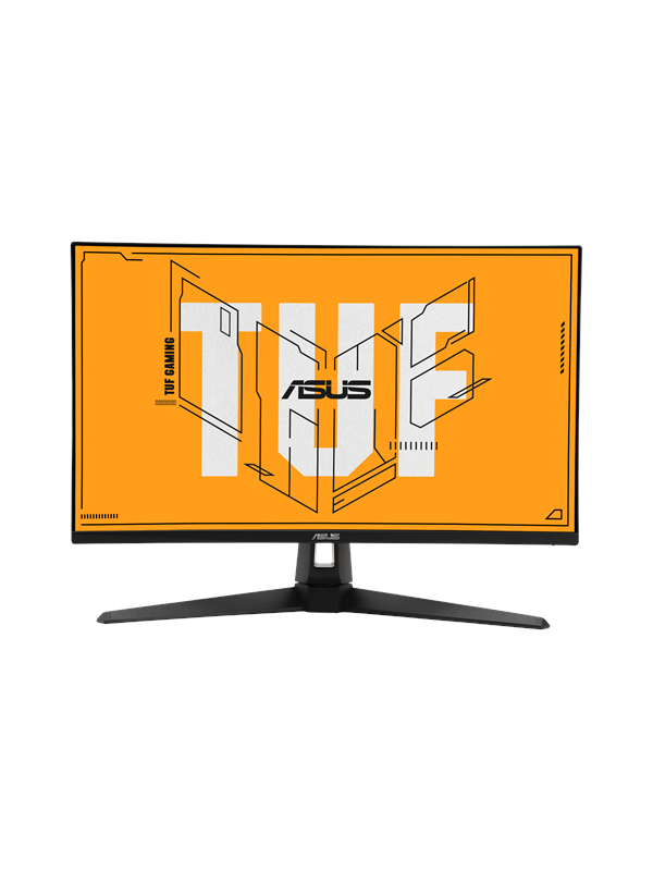 ASUS TUF Gaming VG279QM1A monitor with a 27-inch Full HD LCD display, featuring a sleek black frame and a vibrant orange and white TUF logo on the screen.