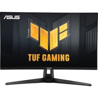 ASUS TUF Gaming VG27AQ5A monitor, 27-inch, black, slim bezels, with stand, displaying TUF Gaming logo on screen.
