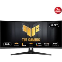 Curved black ASUS TUF Gaming monitor, 34-inch, UltraWide Quad HD, LED display, with stand and gaming graphics.
