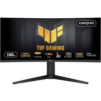 Curved black ASUS TUF Gaming monitor, 34-inch, 3440x1440 resolution, LED display with wide stand.