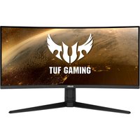 Curved ASUS TUF Gaming VG34VQL1B monitor, 34-inch, 3440 x 1440 resolution, black frame, wide stand base.