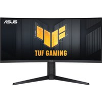 ASUS TUF Gaming VG34VQL3A monitor, 34" curved UltraWide Quad HD, black, with a sturdy stand and TUF Gaming logo.
