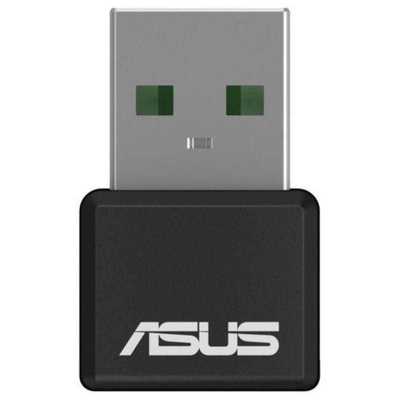 Asus Wi-Fi dongle in sleek black and silver design, featuring a compact USB connector and dual green indicator lights, supports speeds up to 1800 MBit/s for enhanced networking.