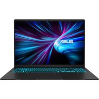 Black ASUS laptop with 16-inch screen, blue backlit keyboard, and vibrant display showing swirling blue and pink lines.