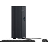 Black ASUS V500 mini tower desktop with vertical grooves, USB ports, and power button, accompanied by keyboard and mouse.