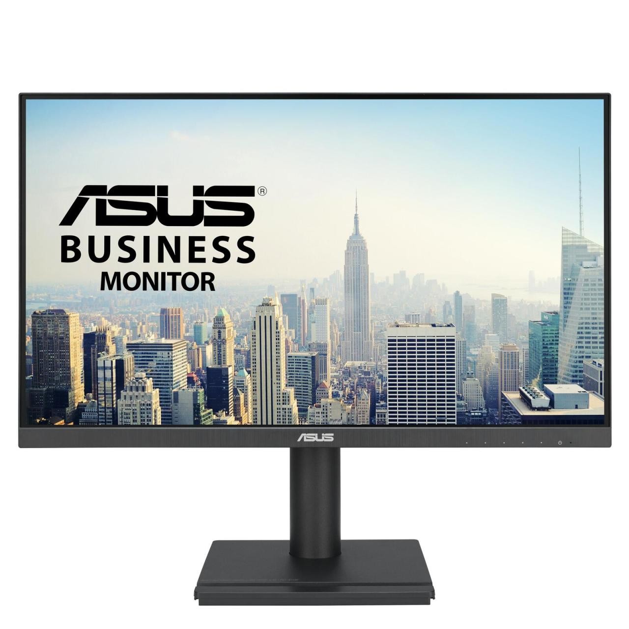ASUS VA24DQFS monitor features a sleek black design with a 23.8-inch Full HD LCD display, thin bezels, and a sturdy stand, showcasing a vibrant city skyline.
