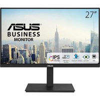 Black ASUS 27" LCD monitor, slim bezel, 2560x1440 resolution, cityscape on screen, rectangular stand.