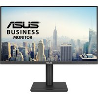 Black ASUS VA27DQFS 27" Full HD LCD monitor with slim bezel and rectangular stand displaying cityscape.