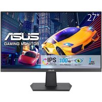 ASUS VA27EHF 27" monitor, slim bezel, full HD display, black stand, vibrant cityscape and car graphics on screen.