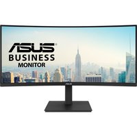 ASUS VA34VCPSR 34-Inch curved monitor with slim bezel, black stand, and cityscape on screen.