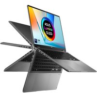 ASUS Vivobook 14 Flip, sleek gray design, 360-degree hinge, Intel Core Ultra 7, vibrant OLED touchscreen display.