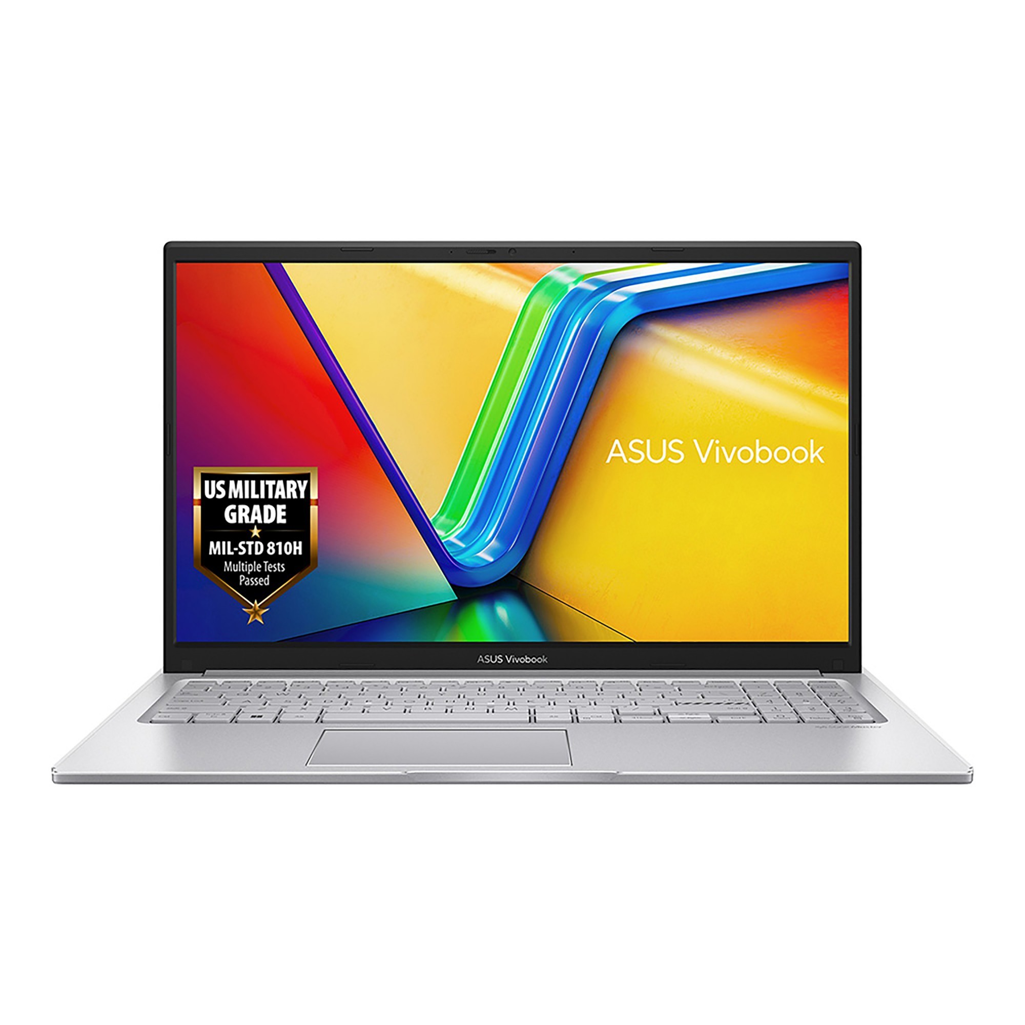 ASUS Vivobook 15 laptop featuring a sleek silver design, 15.6" Full HD display, Intel Core i5 processor, 8 GB RAM, 512 GB SSD, and Wi-Fi 6 capability.