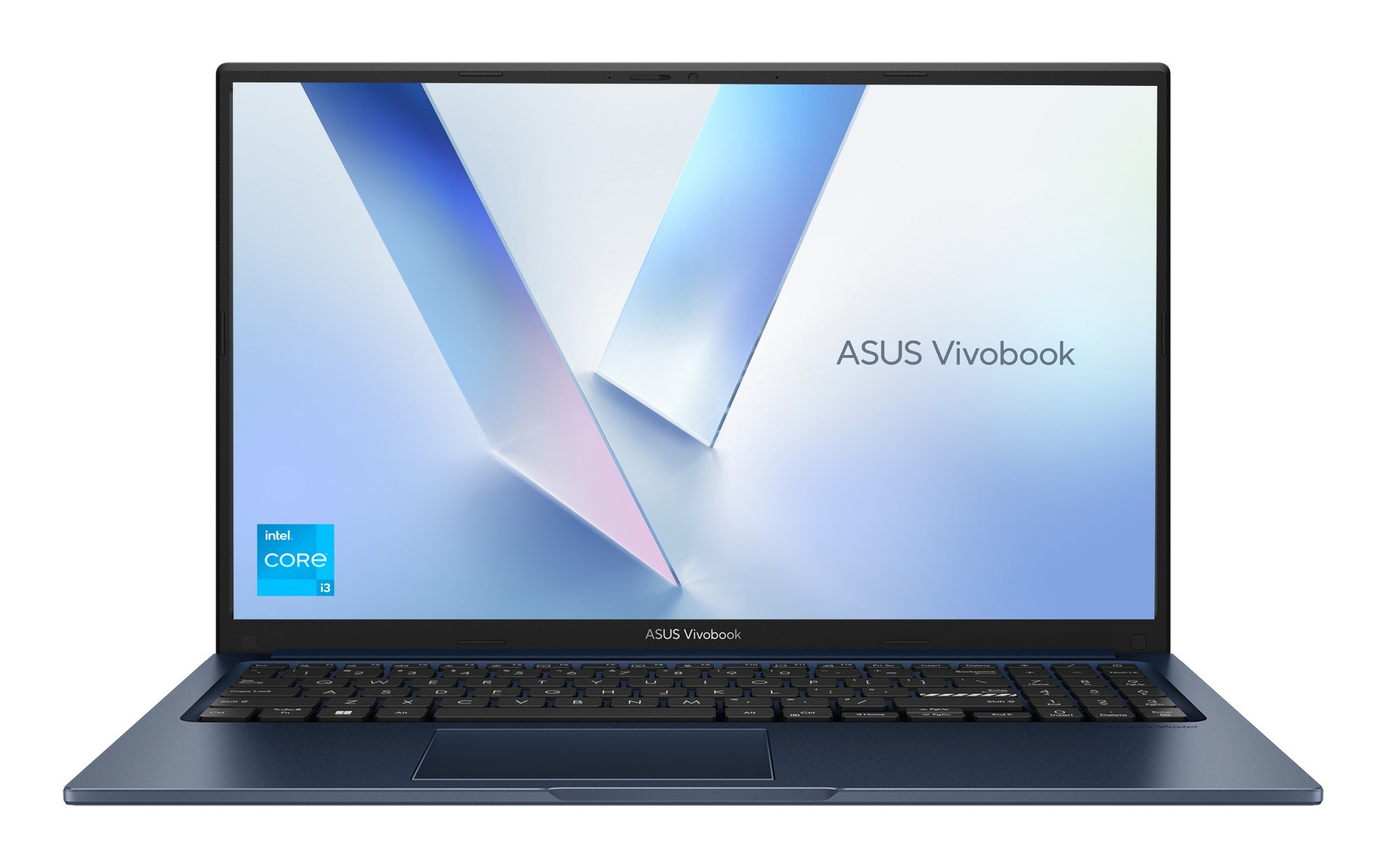 ASUS Vivobook 15 laptop in blue featuring a 15.6-inch display, Intel Core i3 processor, 8GB RAM, and 128GB storage, with a sleek design and illuminated keyboard.