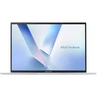 Silver ASUS Vivobook 16 laptop with slim bezel, 16-inch display, and sleek design, featuring Windows 11 Home.