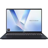 ASUS Vivobook 16 laptop, black, with thin bezels, large touchpad, and backlit keyboard, displaying ASUS logo on screen.