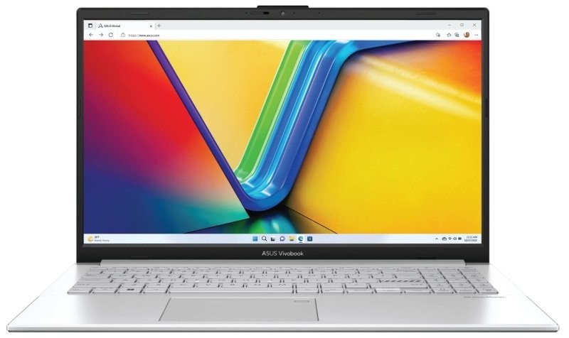 ASUS Vivobook Go 15 laptop features a sleek silver design, a 15.6" Full HD display with vibrant colors, a white keyboard, and is equipped with Intel N200 processor and Windows 11 Home.