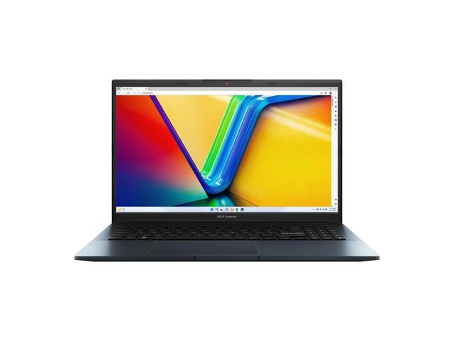 ASUS VivoBook Pro 15 laptop with a sleek dark blue chassis, 15.6" Full HD display showcasing vibrant colors, featuring AMD Ryzen 9 processor, 16 GB RAM, and NVIDIA GeForce RTX 4050.