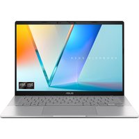 Silver ASUS Vivobook S14 laptop with thin bezels, 14-inch display, and Ryzen 5 branding on the palm rest.