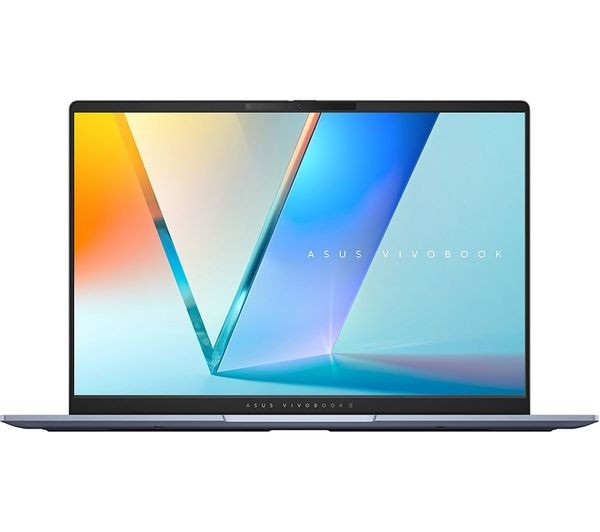 ASUS Vivobook S14 OLED laptop featuring a sleek silver chassis, 14" WUXGA display with vibrant colors, Intel Core Ultra 7 processor, 16 GB RAM, and 1 TB SSD, ideal for productivity.
