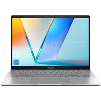 Silver ASUS Vivobook S14 laptop with 35.6" display, slim bezels, and backlit keyboard.