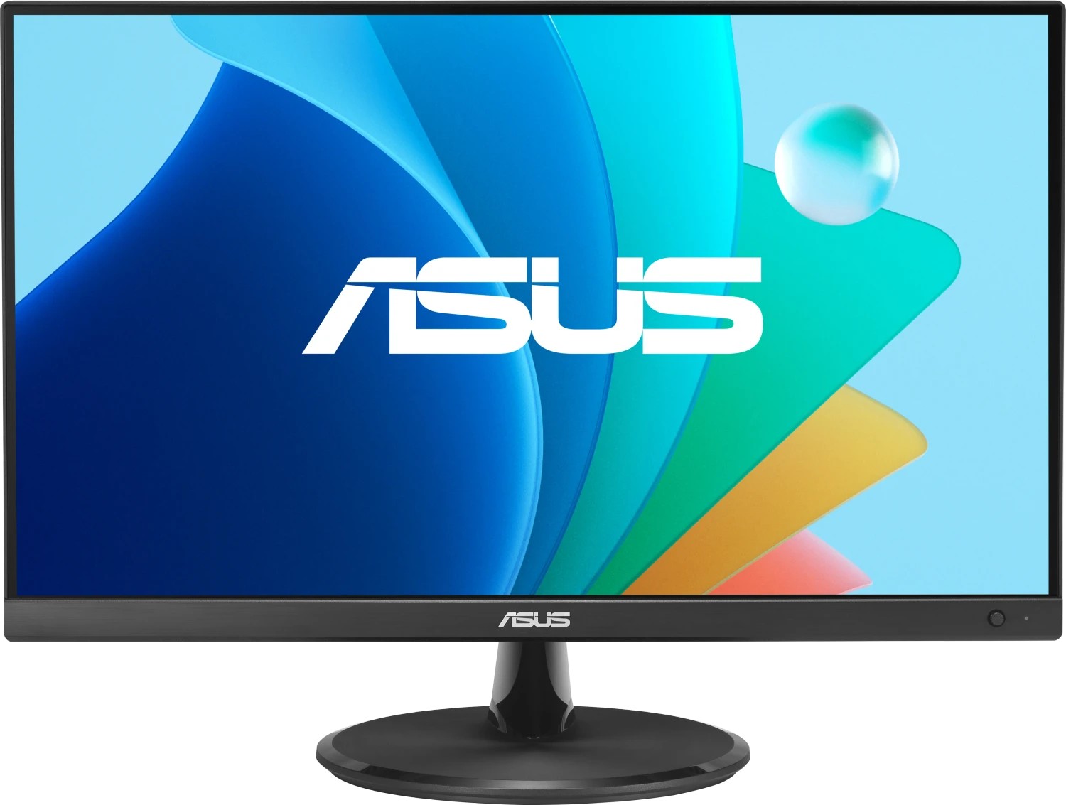 ASUS VP227HF monitor features a 21.4-inch Full HD LCD display with a sleek black frame and a glossy stand, showcasing vibrant colors and a modern design.