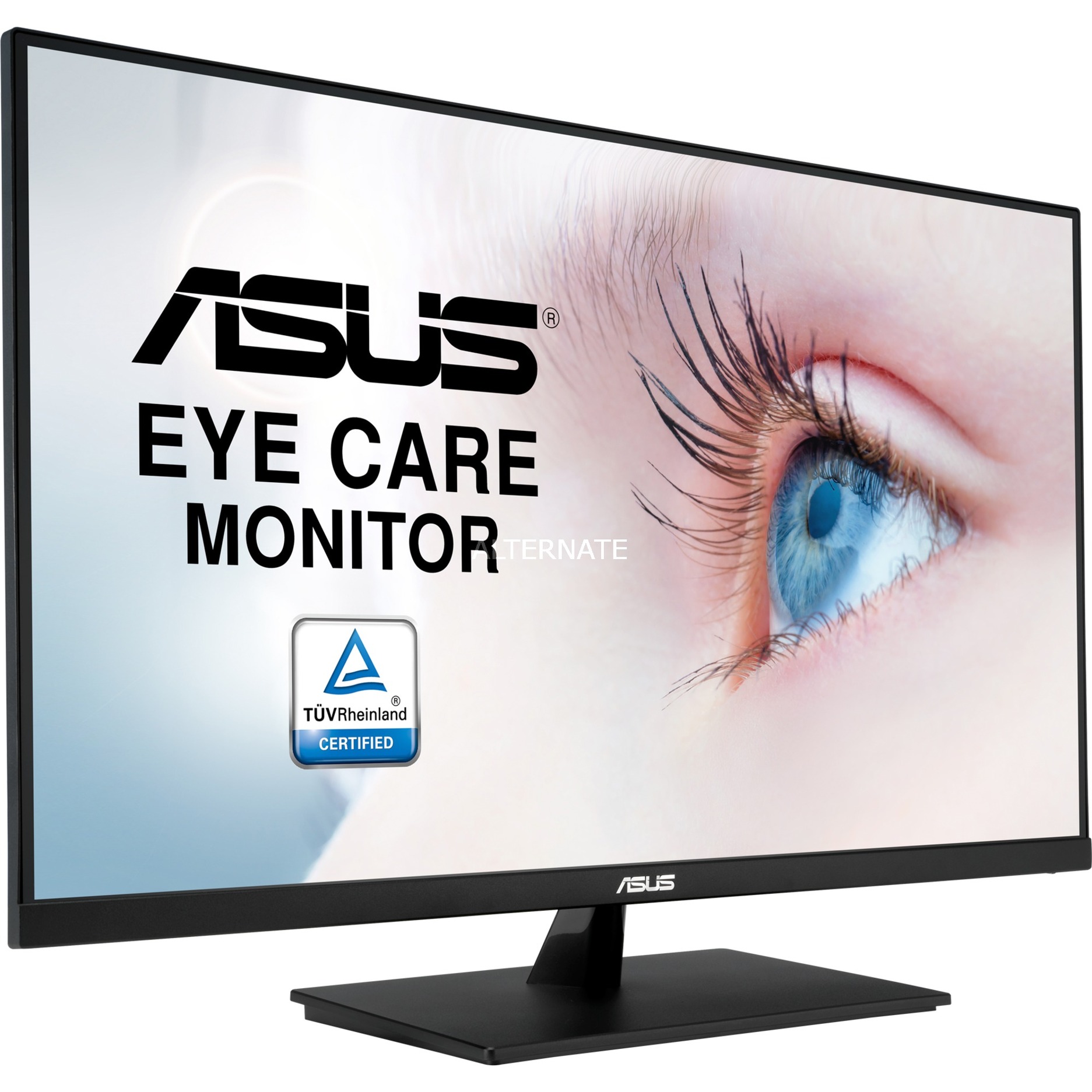 ASUS VP32AQ 31.5" computer monitor in black, featuring a sleek design, 2560 x 1440 pixel resolution, and TÜV Rheinland certified eye care technology.