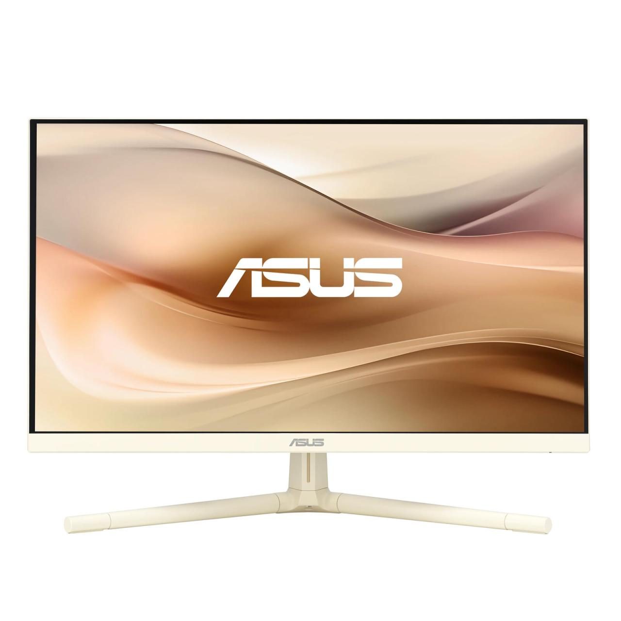 ASUS VU249CFE-M monitor features a sleek gold finish, 23.8-inch Full HD display with 1920 x 1080 resolution, and a minimalist stand, showcasing a modern design.