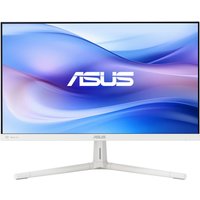 White ASUS VU249HFI-W 24-inch Full HD monitor with slim bezels and a sleek stand, displaying a blue wave design.