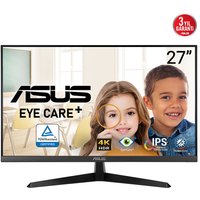 ASUS VY27UQ 27" black monitor, 4K Ultra HD display, slim bezels, IPS panel, eye care features, on a V-shaped stand.