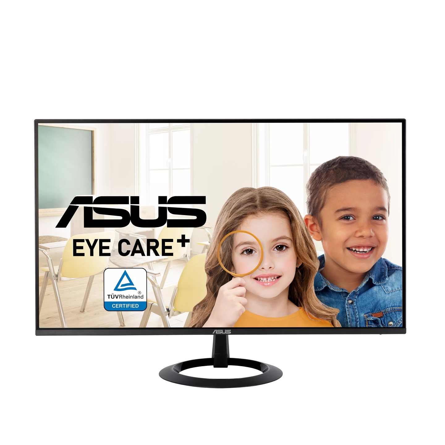 ASUS VZ24EHF 23.8" Full HD LCD monitor in black with a sleek design, featuring eye care technology and a vibrant display showcasing two children smiling.