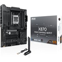 ASUS X870 MAX GAMING motherboard, black with silver accents, WiFi antenna, and branded box in background.