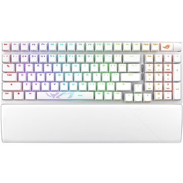 White gaming keyboard with RGB backlit keys, PBT material, and a detachable wrist rest, featuring a sleek design and customizable lighting effects.