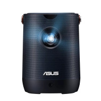Navy blue ASUS ZenBeam L2 short throw projector with a textured surface, featuring a lens projecting light and the ASUS logo at the bottom.