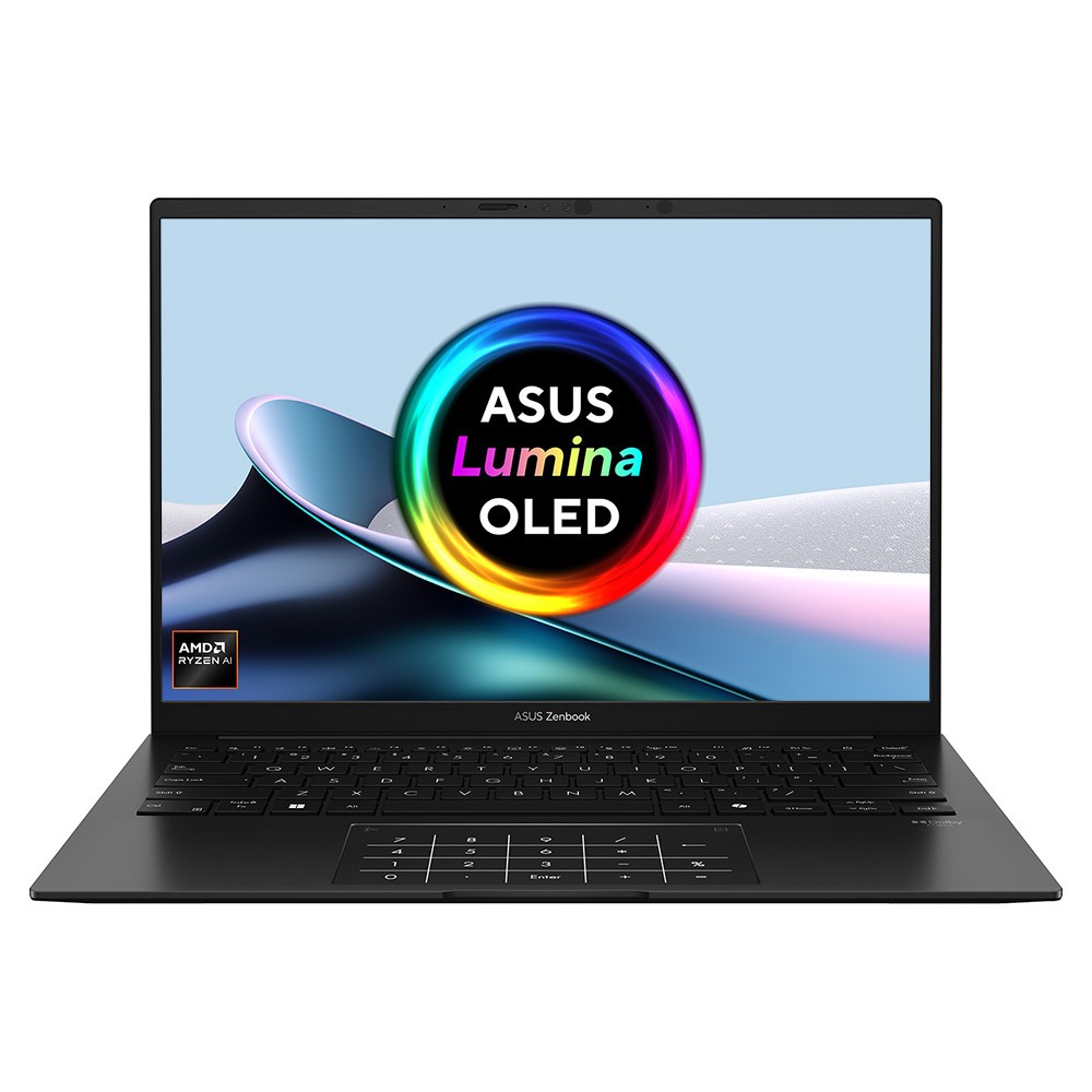 Sleek black ASUS Zenbook 14 OLED laptop featuring a vibrant 3K display, AMD Ryzen AI 5 processor, 16 GB RAM, 1 TB SSD, and a backlit keyboard.