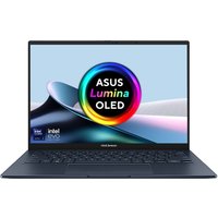 ASUS Zenbook 14 OLED laptop, dark blue, with thin bezels, Intel Core Ultra 9 badge, and vibrant display.