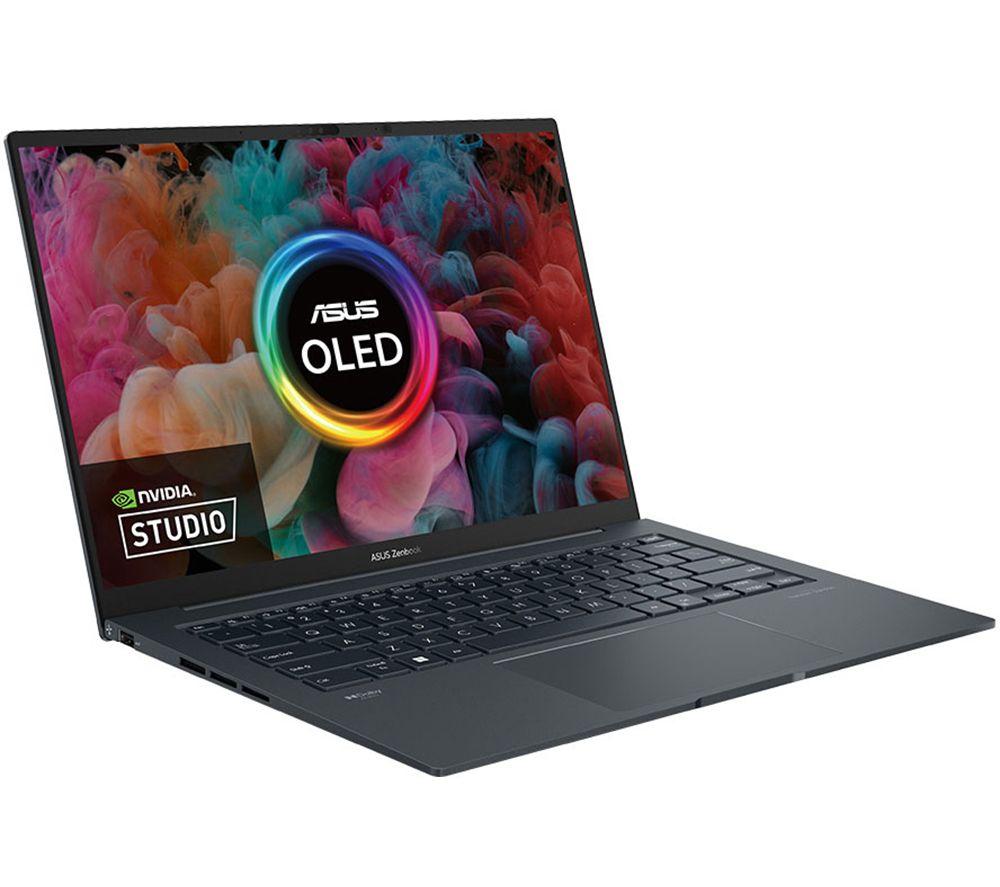 ASUS Zenbook 14X OLED laptop in grey with a 14-inch touchscreen, Intel Core i9-13900H, 16GB RAM, 1TB storage, featuring vibrant OLED display and sleek design.
