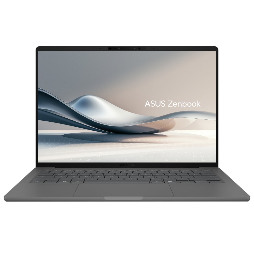 Sleek silver ASUS Zenbook A14 laptop with a 14-inch WUXGA display, featuring a minimalist design, illuminated keyboard, and the ASUS logo on the screen.