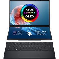 ASUS Zenbook Duo laptop with dual screens, Intel Evo badge, 32GB RAM, 2TB SSD, and Lumina OLED display.