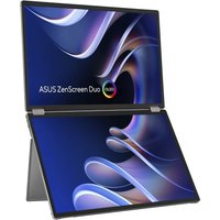 ASUS ZenScreen Duo OLED monitor, dual 14-inch screens, sleek black design, vibrant display with stand.