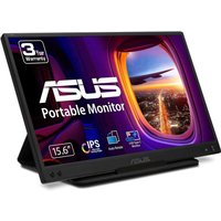 Black ASUS ZenScreen MB166C portable monitor, 15.6" Full HD LED display, thin bezels, with a stand and warranty badge.