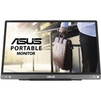 ASUS ZenScreen MB16ACE portable monitor, 15.6-inch, slim black bezel, displaying image of person holding a briefcase.