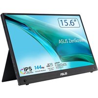 Black ASUS ZenScreen MB16AHG 15.6" monitor, 1920x1080 Full HD, slim bezel, foldable stand, IPS display with 144Hz refresh rate.