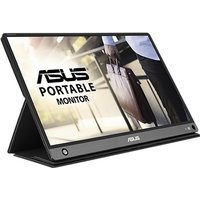 ASUS ZenScreen MB16AHP portable monitor, 15.6-inch, slim black frame, foldable stand, displaying an image of a briefcase.