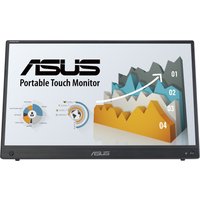 ASUS ZenScreen MB16AHT 15.6" portable monitor, slim black frame, displaying graphs and charts on screen.
