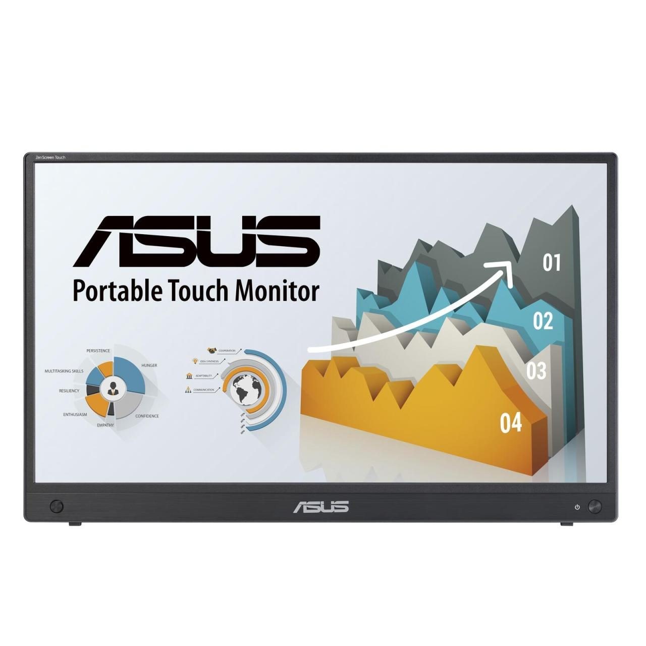 ASUS ZenScreen MB16AMTR is a 15.6" portable touchscreen monitor with a sleek black frame, featuring a vibrant 1920 x 1080 Full HD display showcasing colorful graphical data.