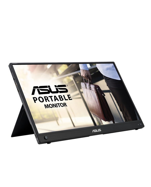 ASUS ZenScreen MB16AWP portable monitor features a sleek black design, 15.6-inch Full HD display with 1920 x 1080 resolution, and a foldable stand for easy transport.